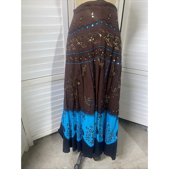 Ishyu Women's Brown Blue Gold Sequin Embroidered Midi Skirt Boho Festival 28” - Picture 5 of 10